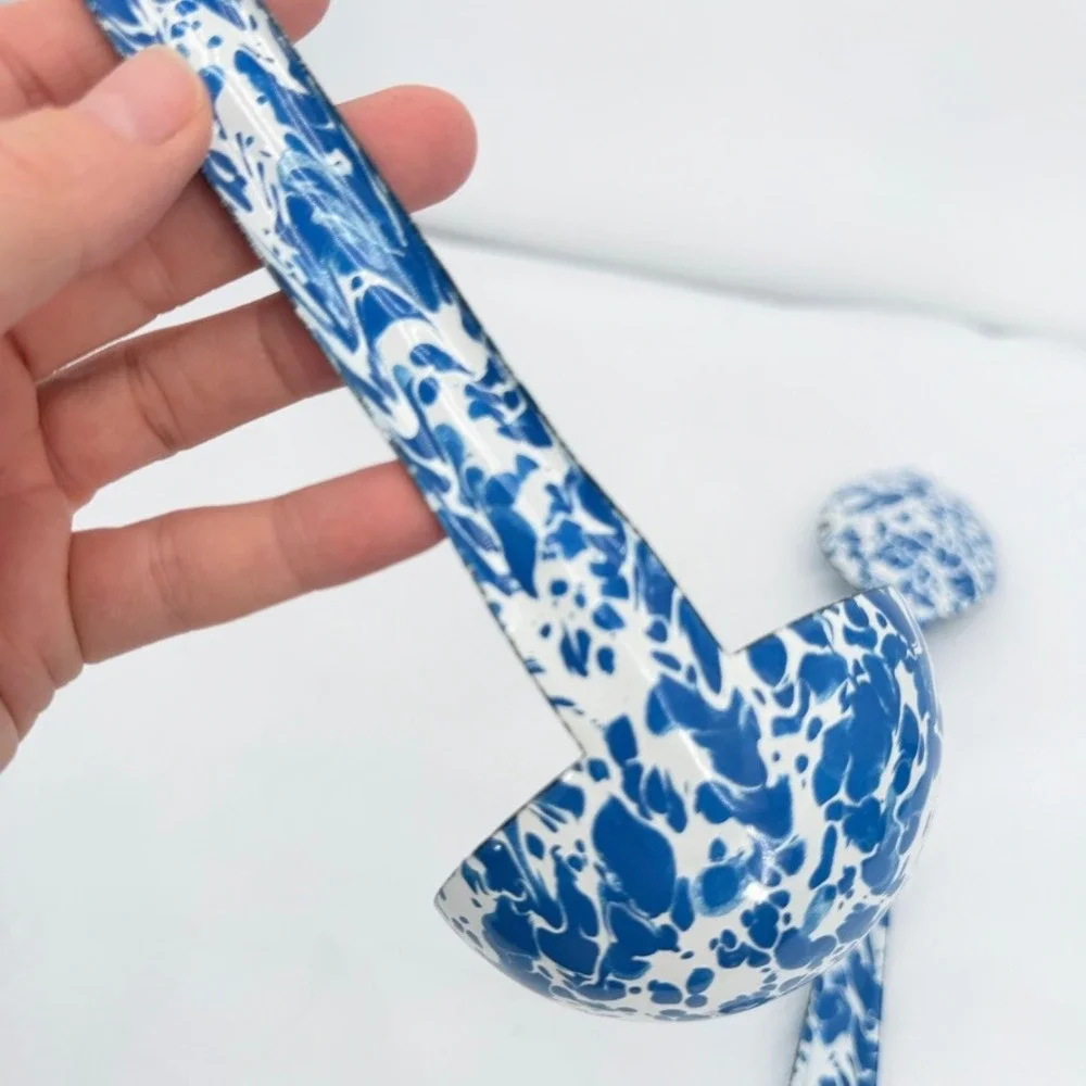 Crow Canyon Enamelware Ladle & Spoon Set Blue Marble Splatter VTG Kitchen